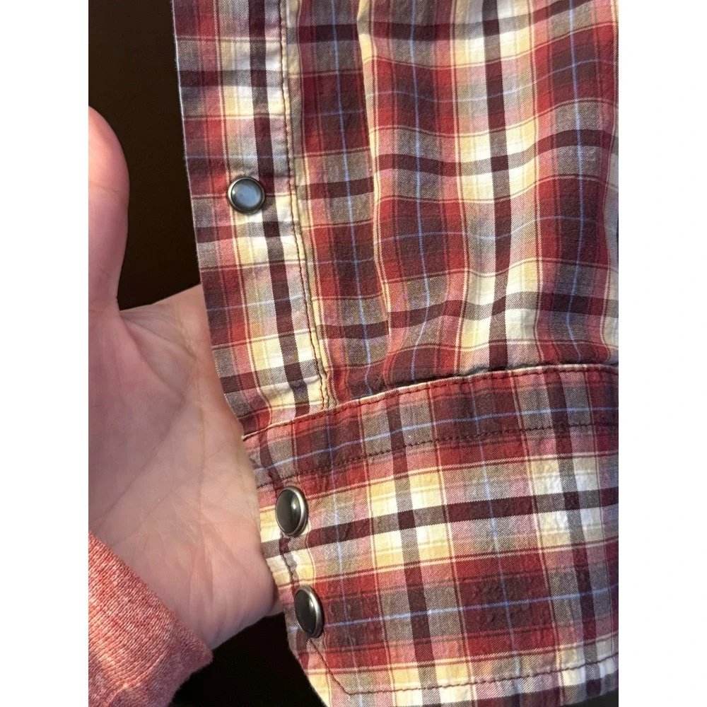 Banana Republic Mens Slim Western Shirt M Red Plaid Stretch Pearl Snap Cotton